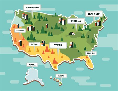 united states map panel 50 states landmarks tourist sites usa map with states vector image