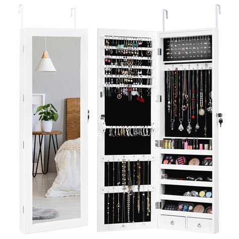 The led light embedded in the mirror is powered by 3 aaa batteries (not included), and the jewelry you want can be easily selected in the light. Costway Wall Door Mounted Mirror Jewelry Cabinet Lockable ...
