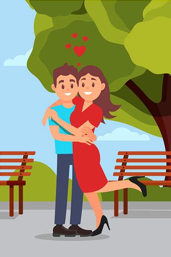 Romantic Couple Hugging In Park Woman Raising Leg Wooden Benches Green