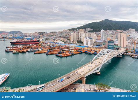 Top View Of The Port Of Busan And Busandaegyo Bridge Editorial Stock