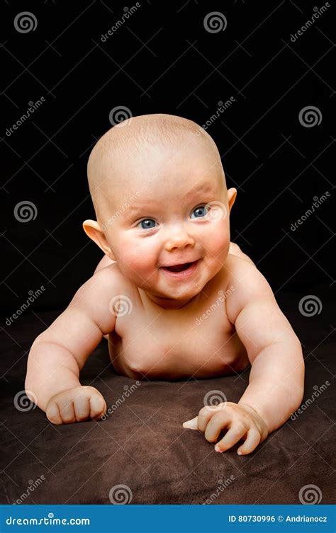 Happy And Funny Newborn Baby On Black Stock Photo Image Of People