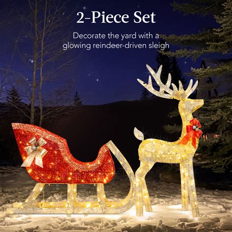 Lighted Christmas Reindeer And Sleigh Outdoor Decor Set W Led Lights