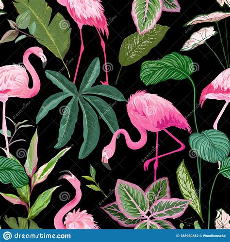 Tropical Print With Pink Flamingo And Palm Leaves On Black Background