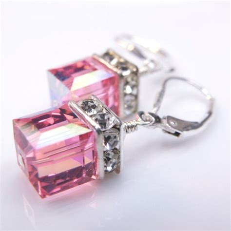 Pink Earrings Rose Crystal Swarovski Cube Sterling By Fineheart