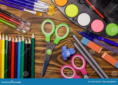 Set Of School Stationery Supplies On Wooden Desk Stock Image Image Of