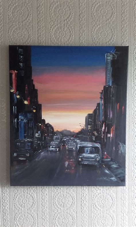 Sunset Over New York City Acrylic On Canvas City Painting City Art