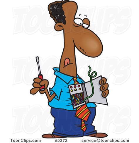 Cartoon Black Business Man Repairing His Wires 5272 By Ron Leishman