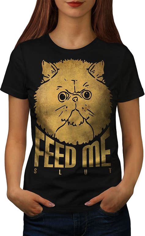 Wellcoda Feed Me Offensive Cat Womens T Shirt Unhappy Casual Design