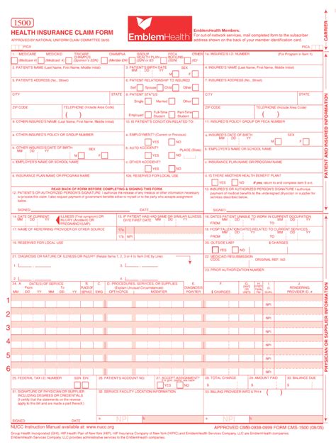 Fillable Form 1500 2005 Health Insurance Claim Form Printable Pdf