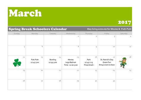 Spring Break Schoolers Calendar Bowen Road Day School