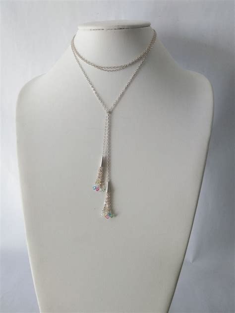 Long 925 Sterling Silver Crystal Tassel Necklace Lariat Necklace