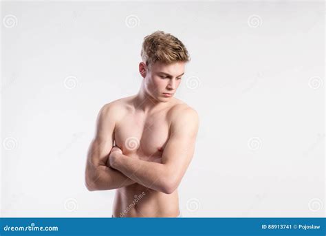 Handsome Shirtless Fitness Man Arms Crossed Studio Shot Stock Image