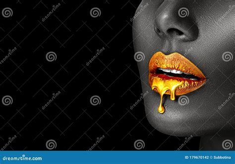 Gold Paint Smudges Drips From African American Woman Face Lips Lipgloss Dripping From Lips