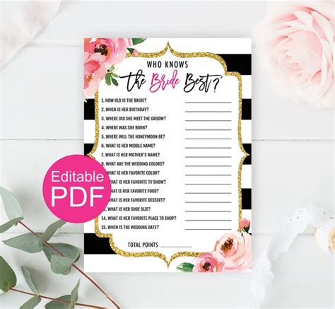 Who Knows The Bride Best Editable Kate Bridal Shower Games Printable Wedding Shower Game