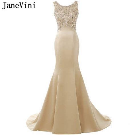 Janevini 2018 Champagne Long Bridesmaid Dresses With Sequins Crystal