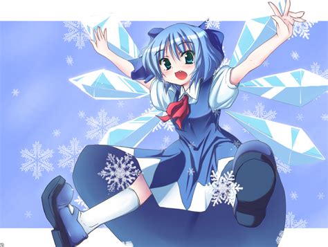Safebooru Blue Eyes Blue Hair Bow Cirno Dress Fang Hair Bow Ice Mary Janes Outstretched Arms