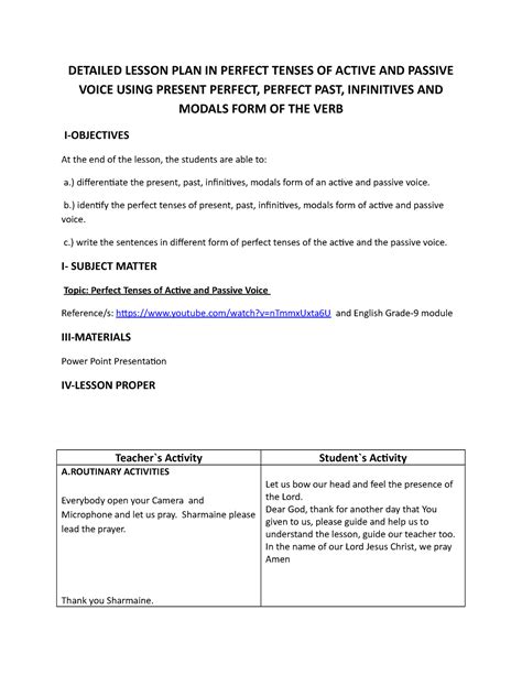 Detailed Lesson Plan In Perfect Tenses Of Active And Passive Voice