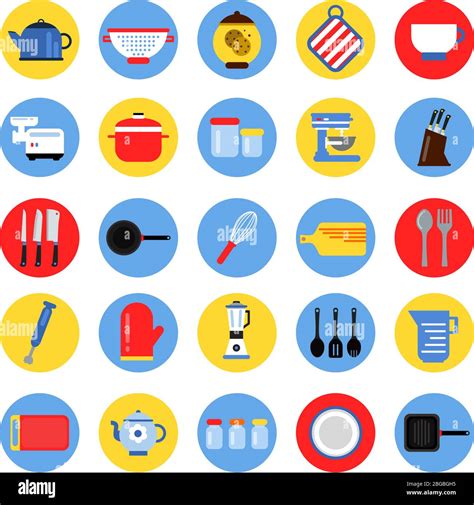 Round Icon Set Of Kitchen Tools In Colored Circles Vector Collection