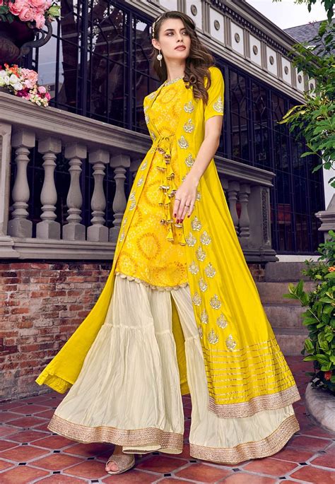 Yellow Tussar Sharara Suit With Jacket 197411
