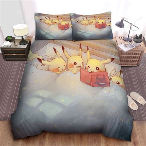 Pokemon Pikachu Reading Books Bed Sheets Duvet Cover Bedding Sets