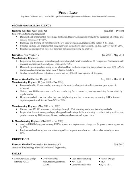 Entry Level Manufacturing Engineer Resume Example For Resume Worded