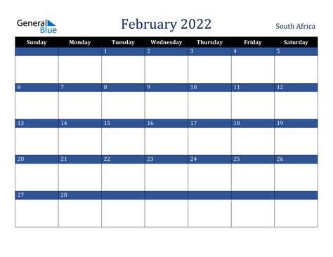 February 2022 Calendar South Africa