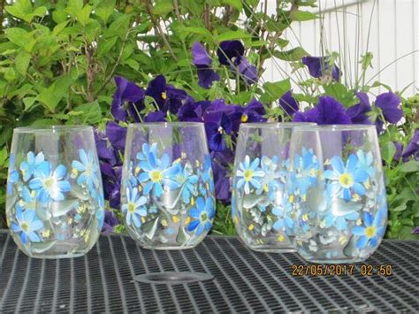 Wine Glasses Stemless Set Of Four Blue And White Daisies Hand Painted Wine Glass Wine Glasses
