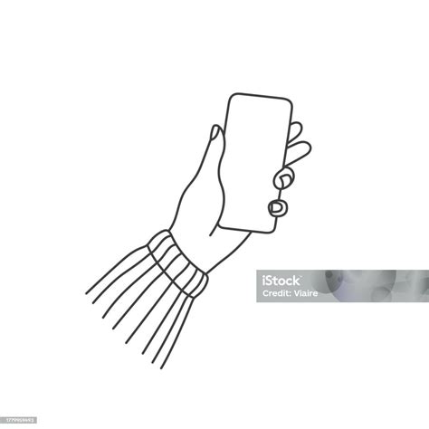 Hand Holding Mobile Phone Woman Using Cellphone Line Art Vector