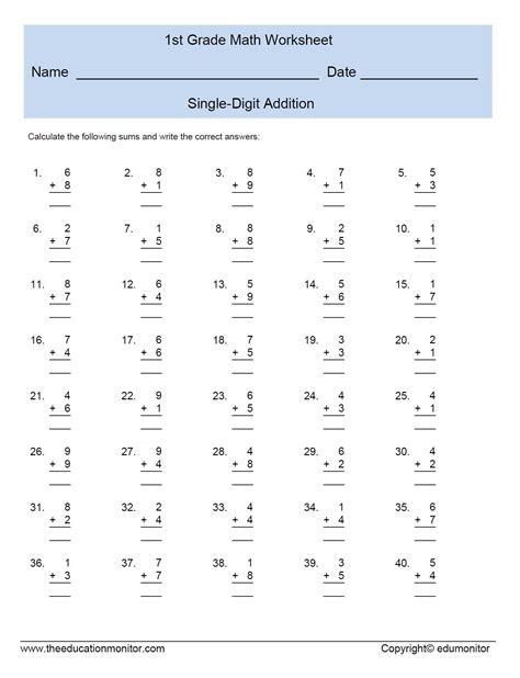 single digit addition problems worksheet