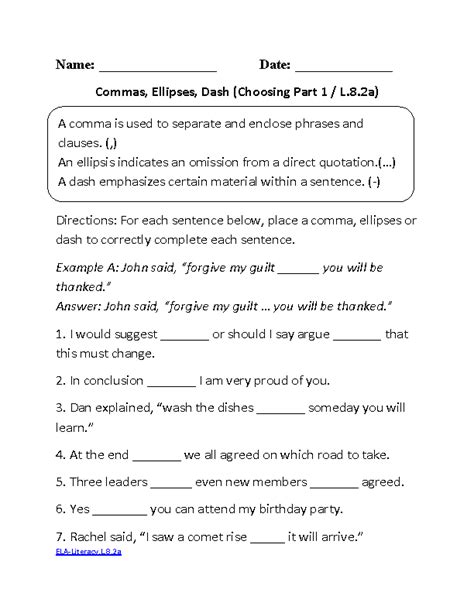 Printable english grammar exercises with answers (pdf worksheets to download). Commas Ellipses Dash CCSS.ELA-Literacy.L.8.2a Language Worksheet | 8th grade ela, 8th grade ...