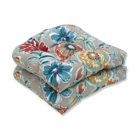 set of 2 tan and blue floral uv resistant outdoor patio tufted wicker seat cushions 19