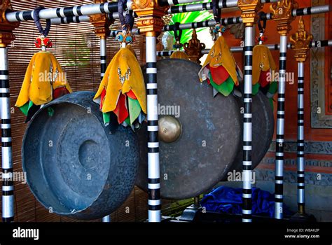 Balinese Temple Or Pura Interior Cymbals Gongs And Drums Form The