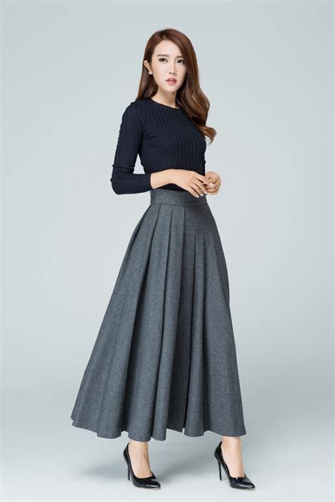 Maxi Wool Skirt Maxi Skirt Gray Skirt Wool Skirt Pleated Etsy
