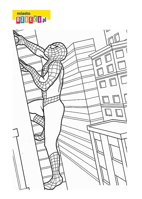Spiderman wspinający się na wieżowiec bezpłatna kolorowanka do druku