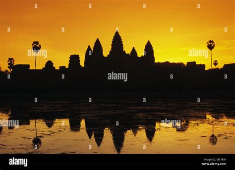 Cambodia Siem Reap Angkor Wat Silhouette Of Temple At Sunrise