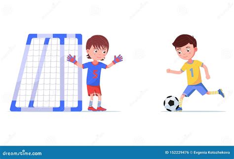 Boy Soccer Player Kicks The Ball In Football Goal Stock Vector