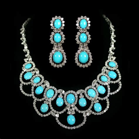 Turquoise Diamond Earrings And Necklace Set Accompanied By A
