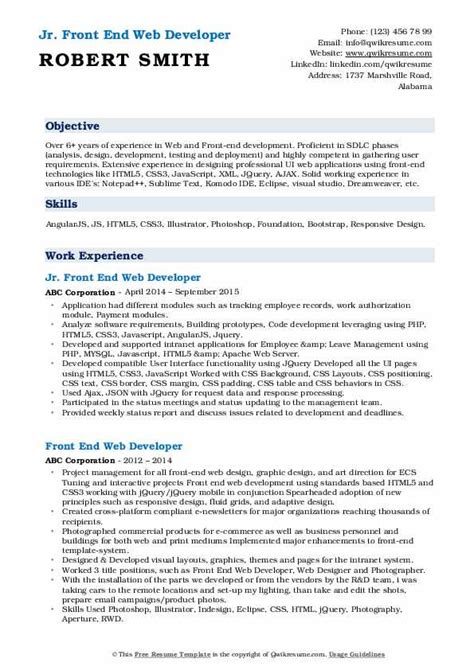 This superb web developer resume shows you how to put together a document that will maximise your chances of getting invited to interviews. Front End Web Developer Resume Samples | QwikResume