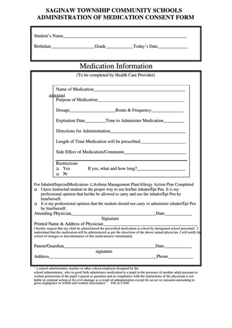 Administration Of Medication Consent Form Printable Pdf Download