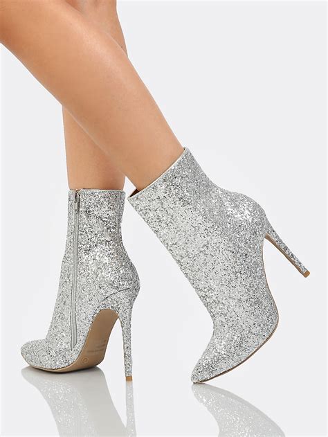 Glitter Ankle High Boots Silver Pointed Toe Boots Heeled Boots