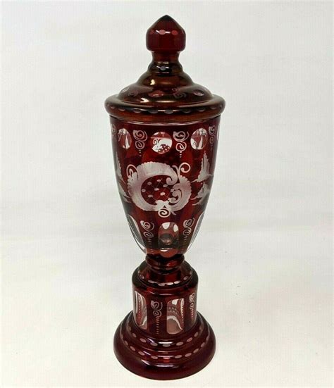 Vtg Egermann Ruby Red Cut To Clear Glass Bohemian Bird Lidded Vase Urn Jar Dl21 3879589504