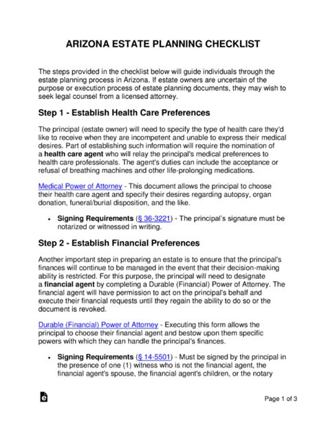 Free Arizona Estate Planning Checklist Pdf Word Eforms