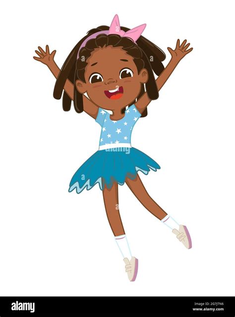Cute Happy African American Girl Jumping And Dancing Cheerfully On A