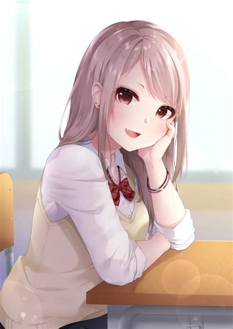 Wallpaper Anime School Girl Smiling Chair Ribbon Uniform