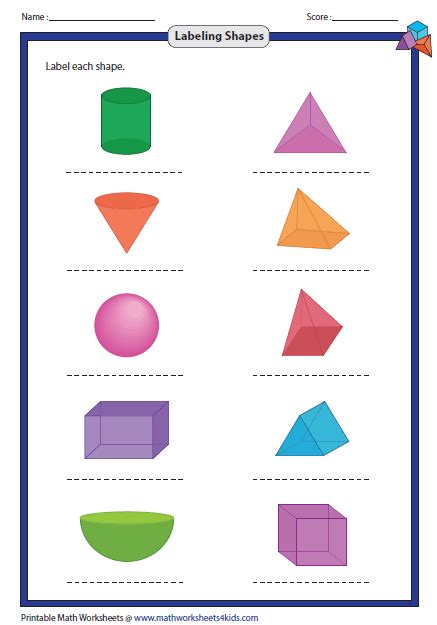 The bottom half of the page has student identifying. Solid 3D Shapes Worksheets