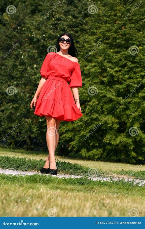 Beautiful Woman In Red Dress Stock Photo Image Of Brunette Positive