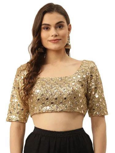 Niharikaa Gold Elbow Sleeve Round Neck Net Fabric Padded Blouse With Sequiens And Mirror Work At