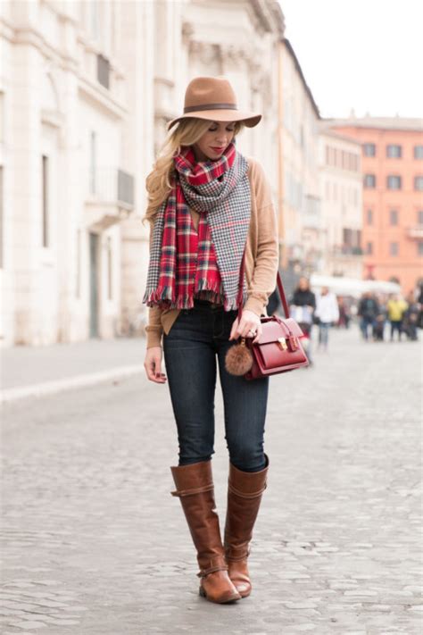 Holiday Details Camel Sweater Plaid Scarf And Riding Boots Meagan