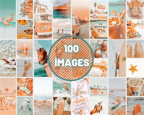 100 Pcs Peach Wall Collage Kit Good Vibes Beach Aesthetic Photo
