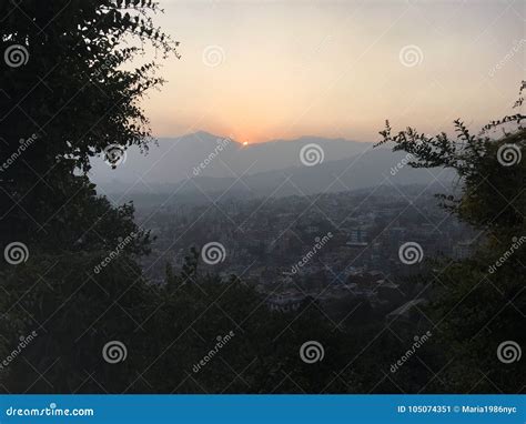 Sunset Above Kathmandu In Kathmandu Valley Surrounded By Mountains In